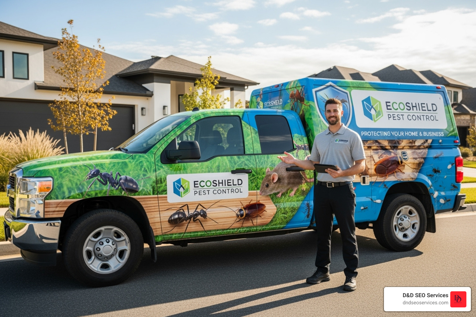 a pest control truck with a professional vehicle wrap and a technician in a branded uniform - Top Eight Pest Control Marketing Strategies To Attract New Clients a pest control truck with a professional vehicle wrap and a technician in a branded uniform - Top Eight Pest Control Marketing Strategies To Attract New Clients