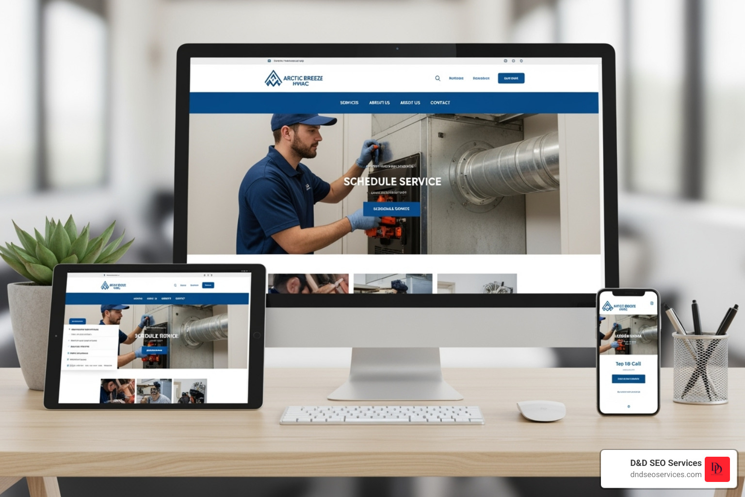 Responsive HVAC website on a desktop, tablet, and smartphone - How To Build a Winning HVAC Marketing Plan for Your Business Responsive HVAC website on a desktop, tablet, and smartphone - How To Build a Winning HVAC Marketing Plan for Your Business