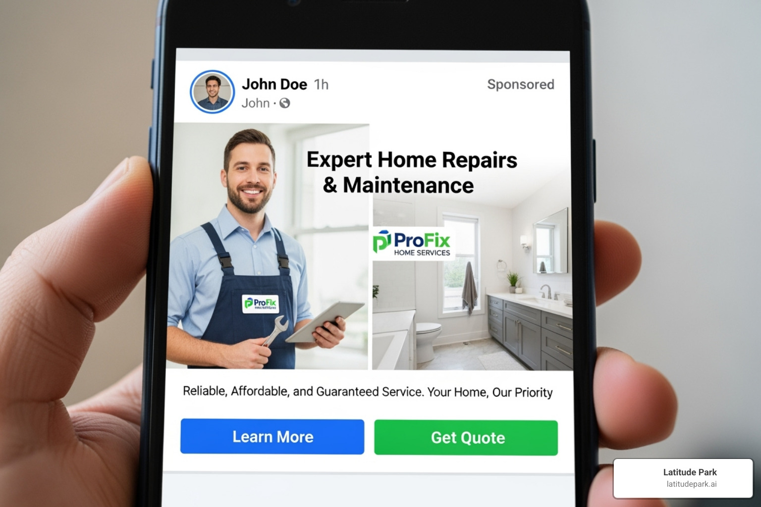 A smartphone displaying a Facebook ad for a home service company, showcasing a clean, professional image of a technician and a clear call to action button. - facebook ads for home service franchises