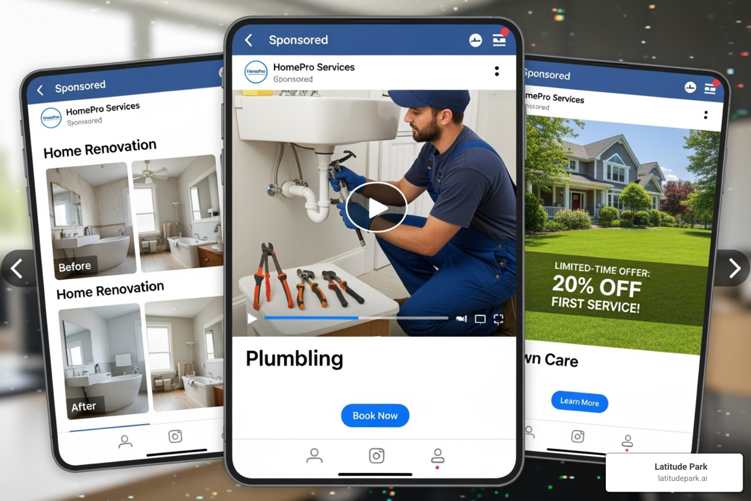A collage of different Facebook ad formats for home services, including a video ad showing a technician at work, a carousel ad displaying before-and-after photos of a home renovation, and a static image ad with a compelling offer. - facebook ads for home service franchises