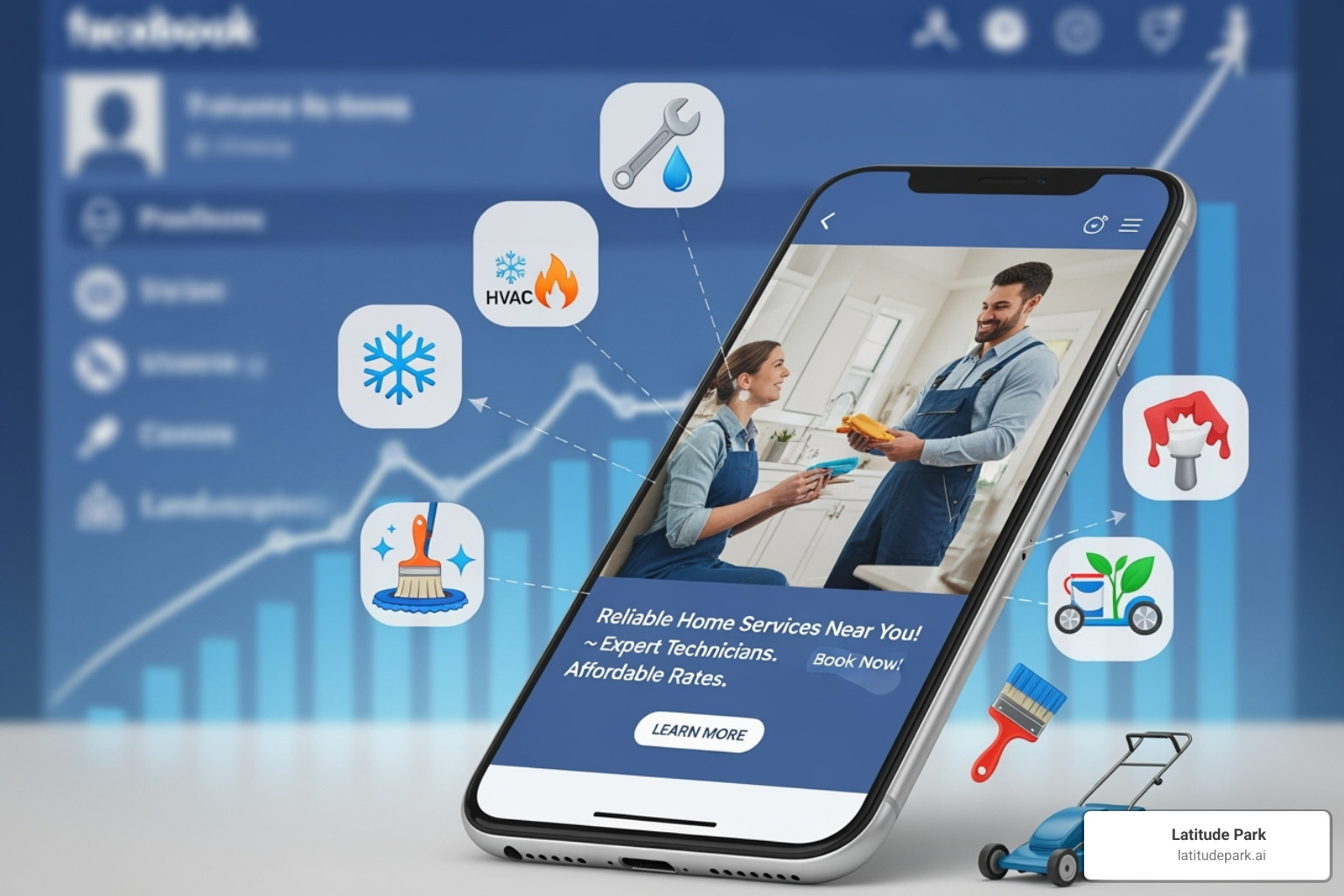 A clean, modern dashboard displaying key Facebook Ad metrics. Large, clear numbers highlight Cost Per Lead (CPL) at $12.50, Return on Ad Spend (ROAS) at 4.5x, Conversion Rate at 15%, and Click-Through Rate (CTR) at 2.8%. Graphs show trends over time for these metrics. - facebook ads for home service franchises