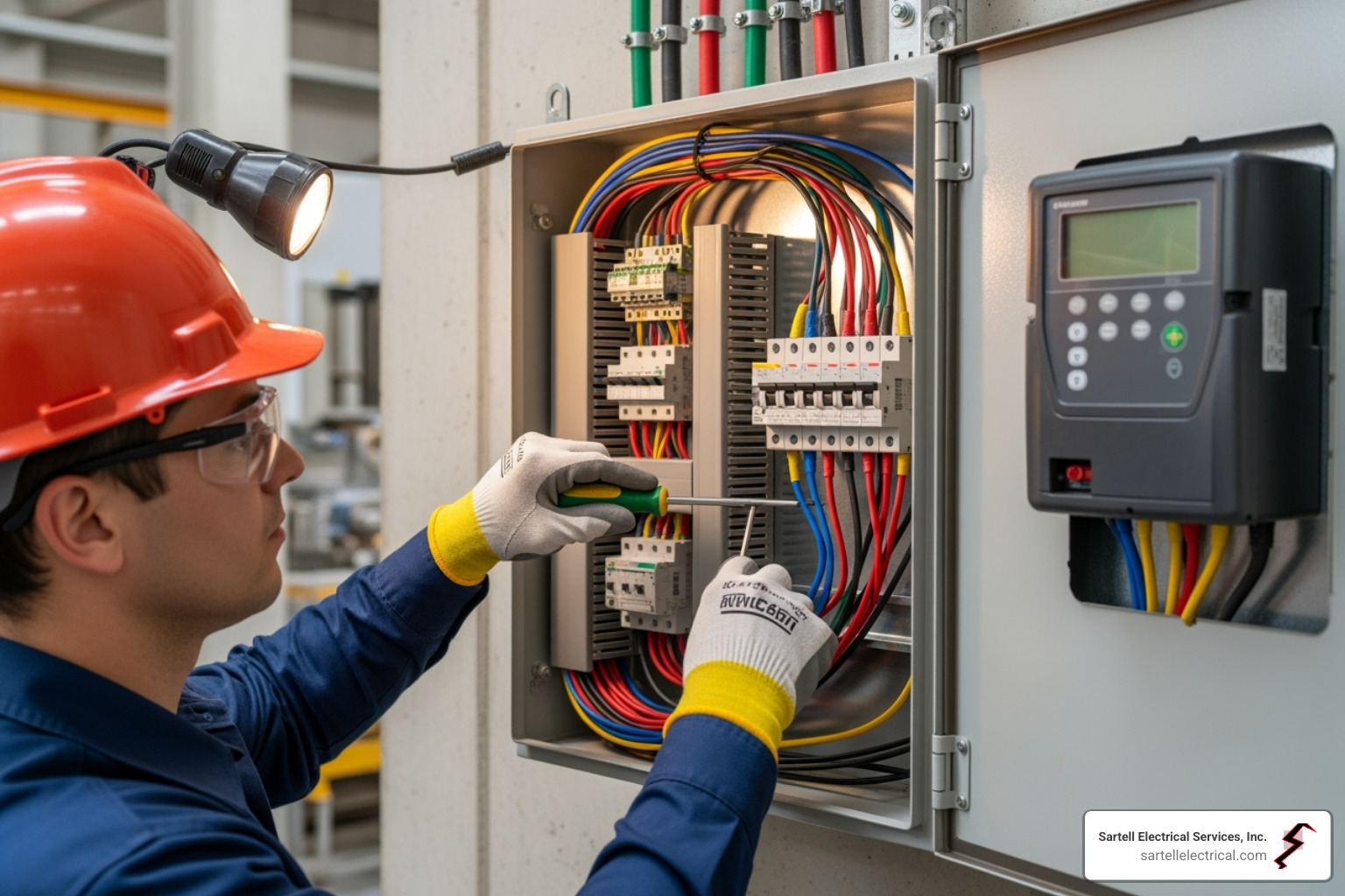 Electrician installing a revenue-grade power meter inside an industrial panel Electrician installing a revenue-grade power meter inside an industrial panel