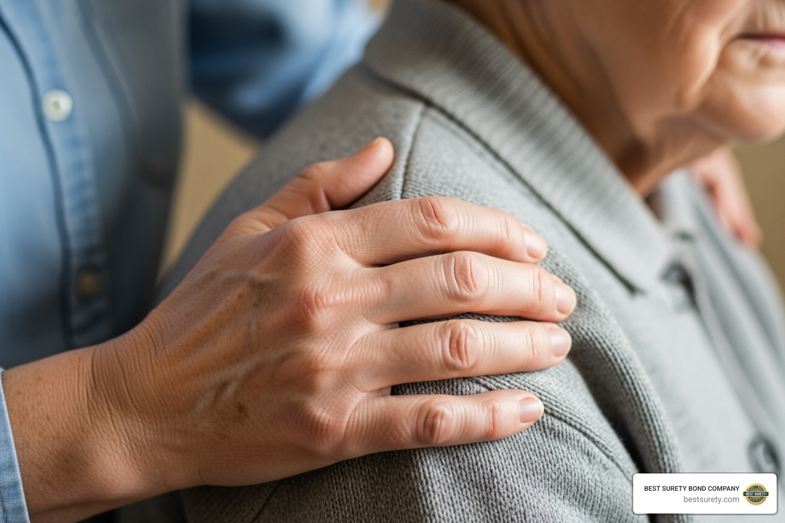 Caring hand on elderly person's shoulder - Guardian bond Texas Caring hand on elderly person's shoulder - Guardian bond Texas