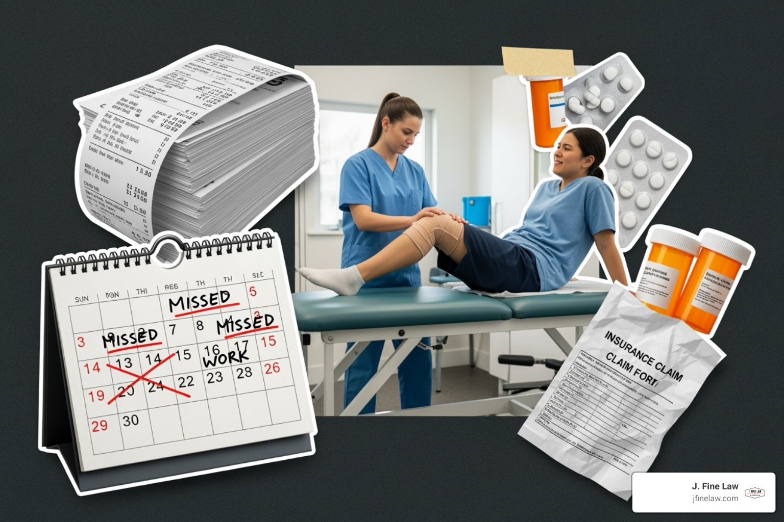 collage showing medical bills, a calendar with missed work days, and a person receiving physical therapy - new jersey accident attorney