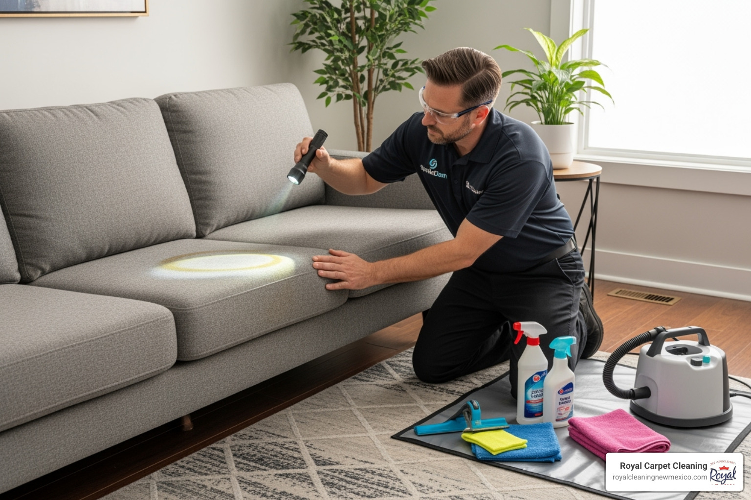 technician inspecting a sofa before cleaning - furniture cleaning service
