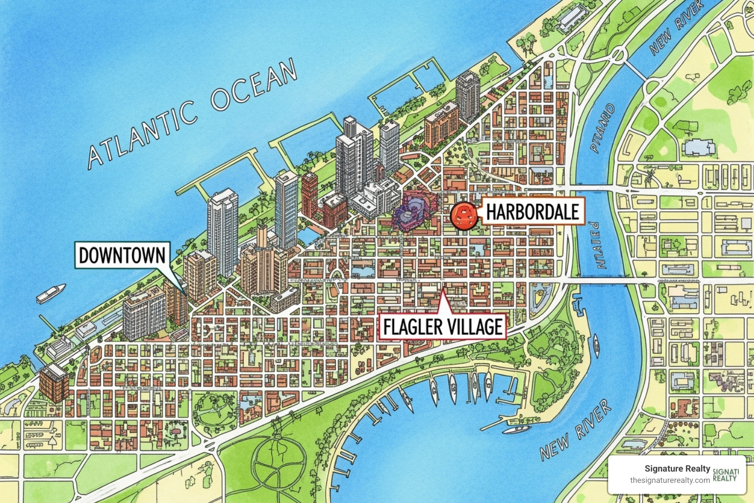 map highlighting key retail submarkets like Downtown, Harbordale, and Flagler Village. - Retail space Fort Lauderdale