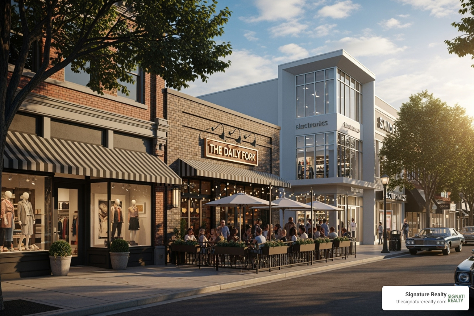 diverse retail property types: a street-front boutique, a restaurant patio, and a freestanding building. - Retail space Fort Lauderdale