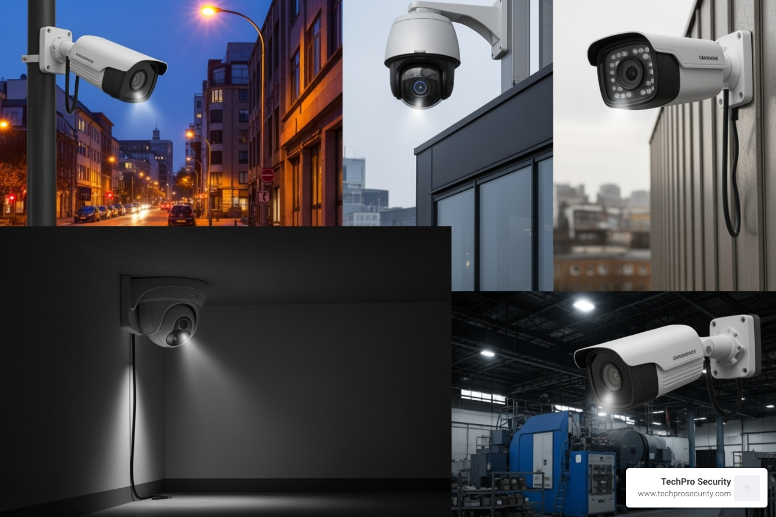 showing different types of starlight cameras (dome, bullet, PTZ) in various settings - starlight cctv camera