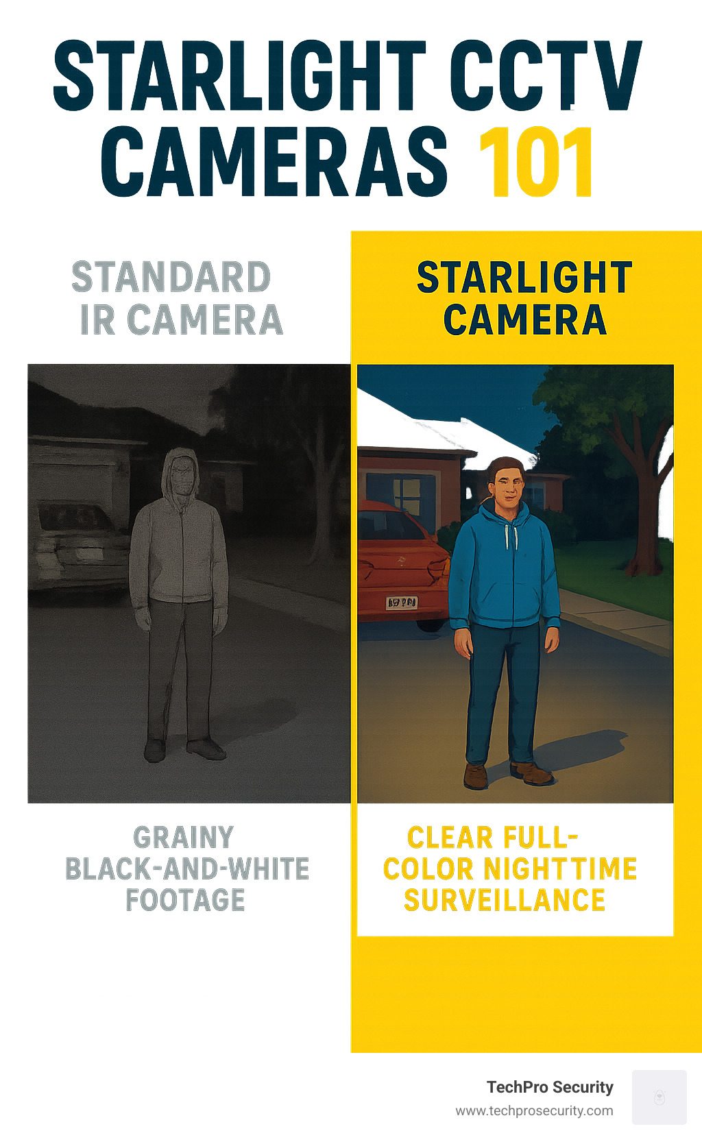 Infographic comparing image quality between standard IR camera showing grainy black and white footage versus starlight camera showing clear full-color nighttime surveillance with detailed facial features, clothing colors, and license plate visibility - starlight cctv camera infographic 