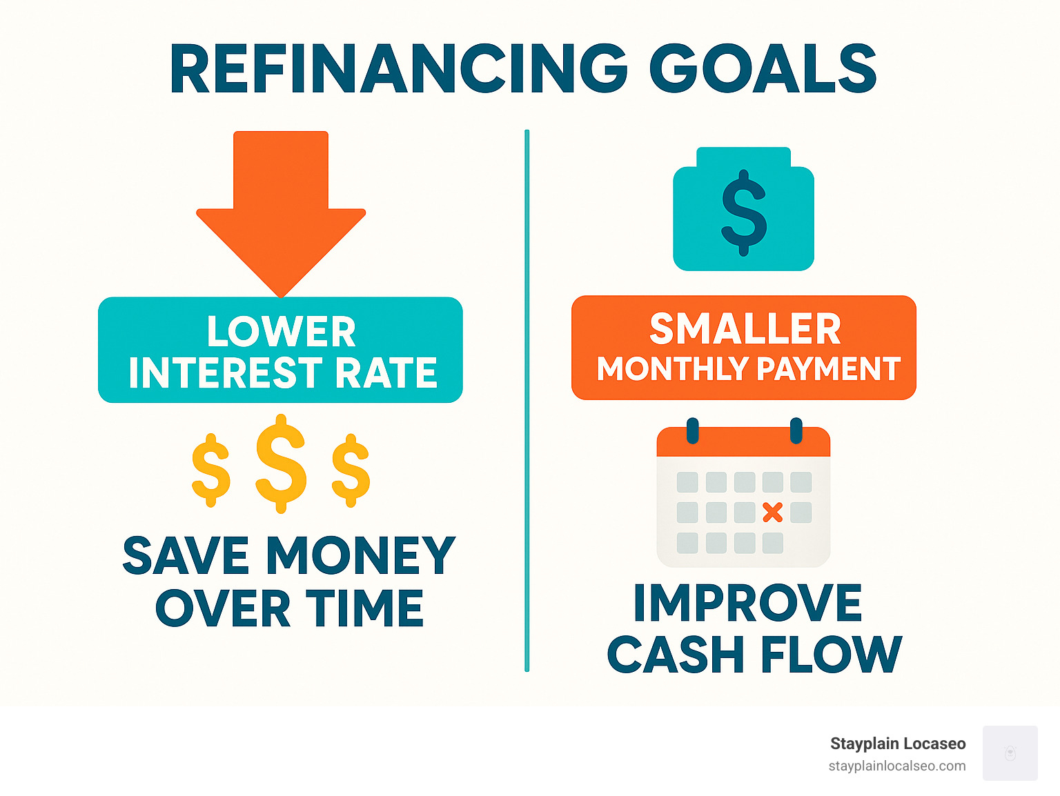 Infographic showing two main refinancing goals: on the left, a downward arrow with "Lower Interest Rate" leading to "Save Money Over Time" with dollar signs, and on the right, a smaller monthly payment icon leading to "Improve Cash Flow" with a calendar showing reduced monthly obligations - student loan refinance savings calculator infographic 