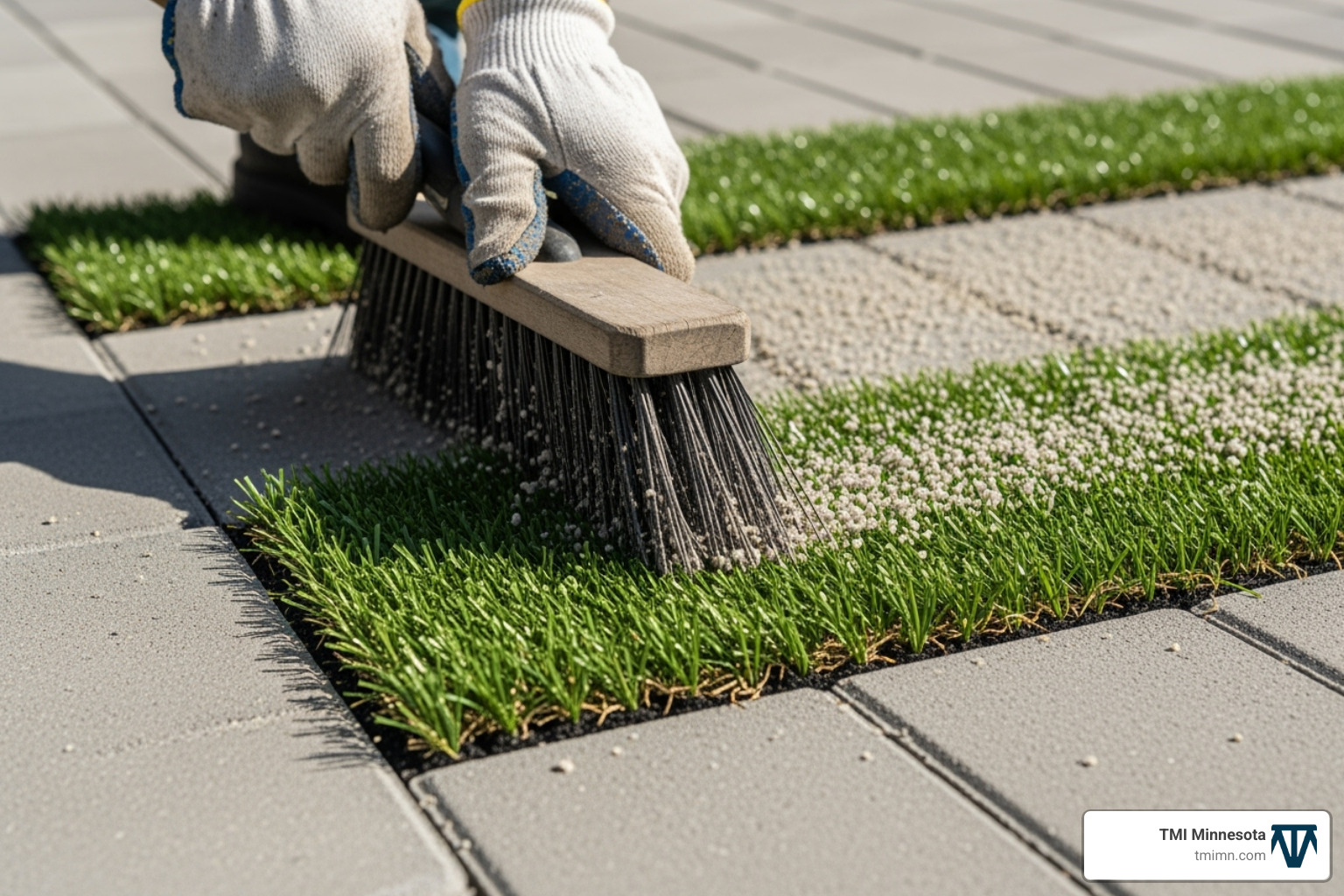 Infill being brushed into the artificial turf between pavers - artificial turf with pavers Infill being brushed into the artificial turf between pavers - artificial turf with pavers