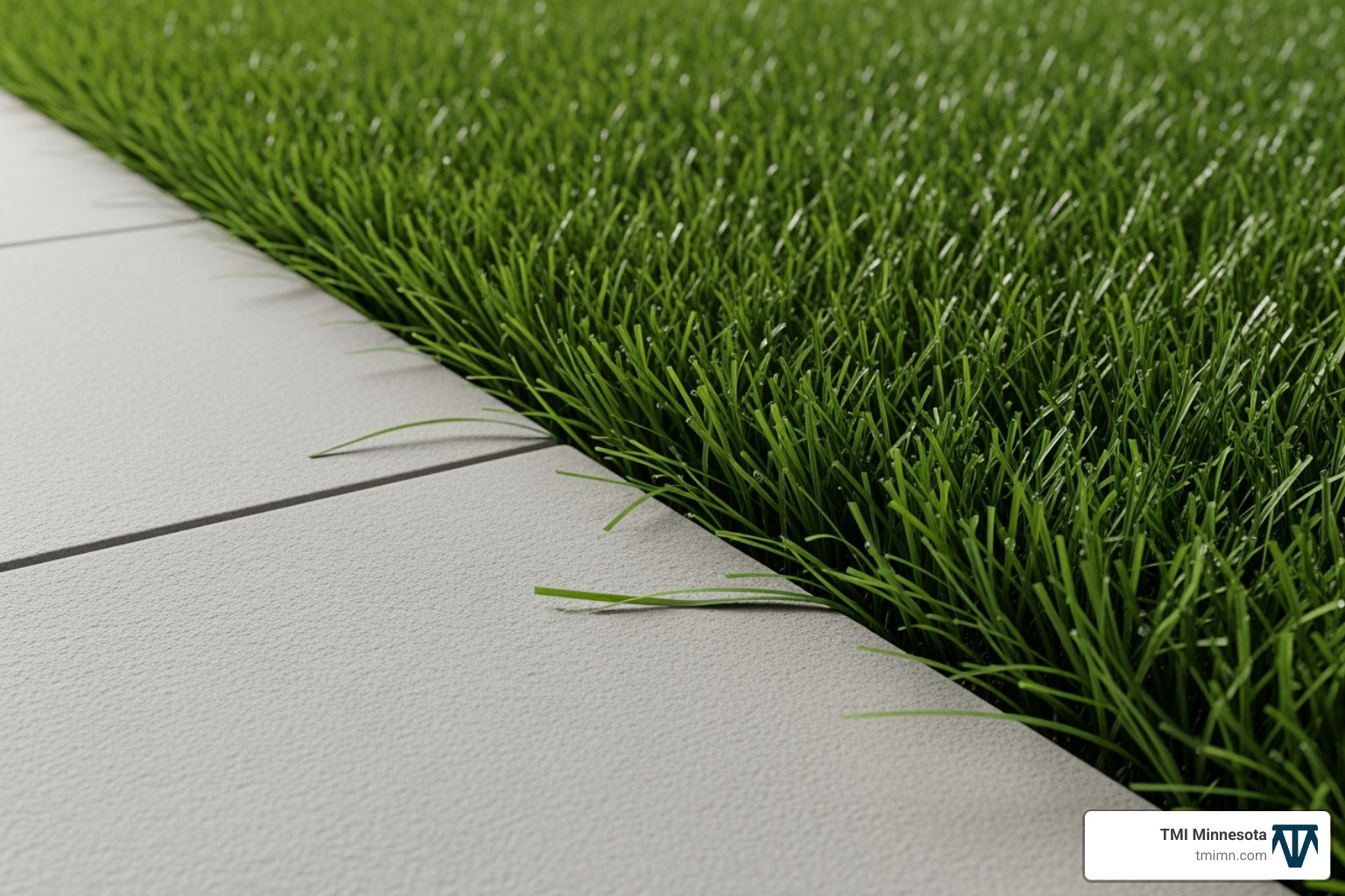 A close-up shot showing the clean lines where a porcelain paver meets lush artificial grass - artificial turf with pavers A close-up shot showing the clean lines where a porcelain paver meets lush artificial grass - artificial turf with pavers