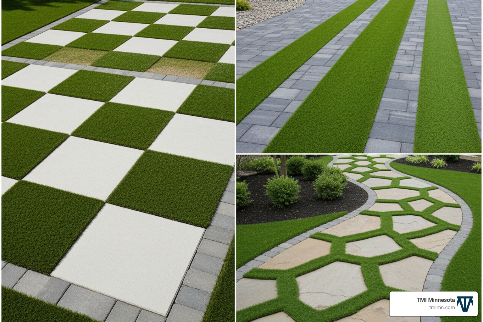 A design collage showing checkerboard, driveway ribbon, and curved walkway patterns with turf and pavers - artificial turf with pavers A design collage showing checkerboard, driveway ribbon, and curved walkway patterns with turf and pavers - artificial turf with pavers