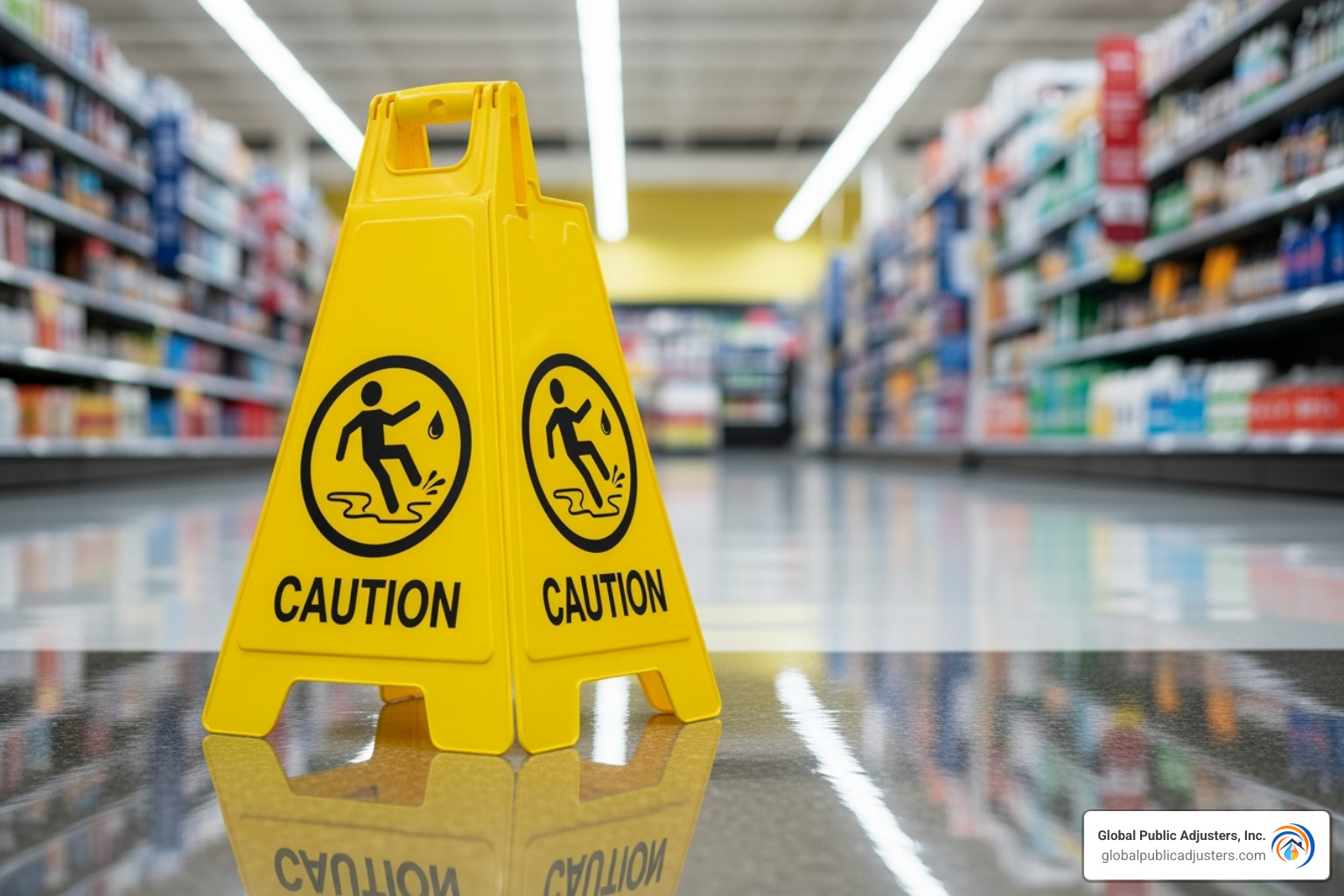 A "Caution: Wet Floor" sign in a retail store - business insurance policies
