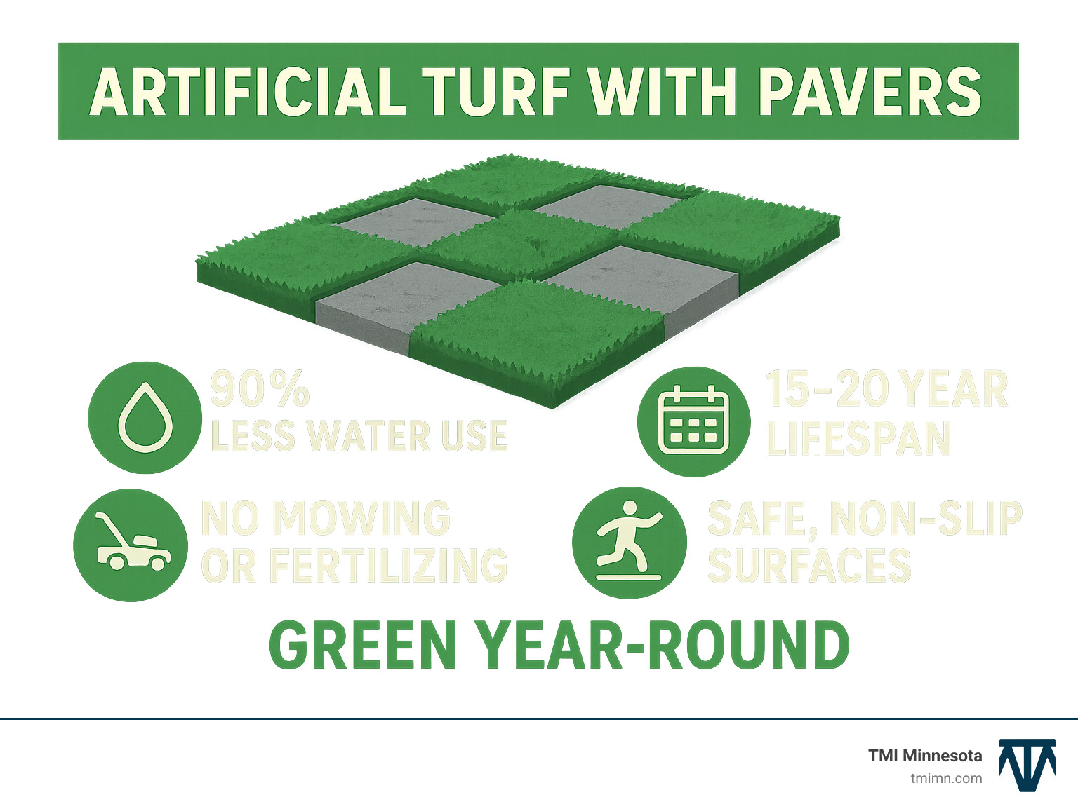 Infographic showing the key benefits of combining artificial turf with pavers: 90% less water usage compared to natural grass, 15-20 year lifespan for turf, zero mowing or fertilizing required, safe non-slip surfaces for families, and year-round green appearance regardless of weather conditions - artificial turf with pavers infographic Infographic showing the key benefits of combining artificial turf with pavers: 90% less water usage compared to natural grass, 15-20 year lifespan for turf, zero mowing or fertilizing required, safe non-slip surfaces for families, and year-round green appearance regardless of weather conditions - artificial turf with pavers infographic