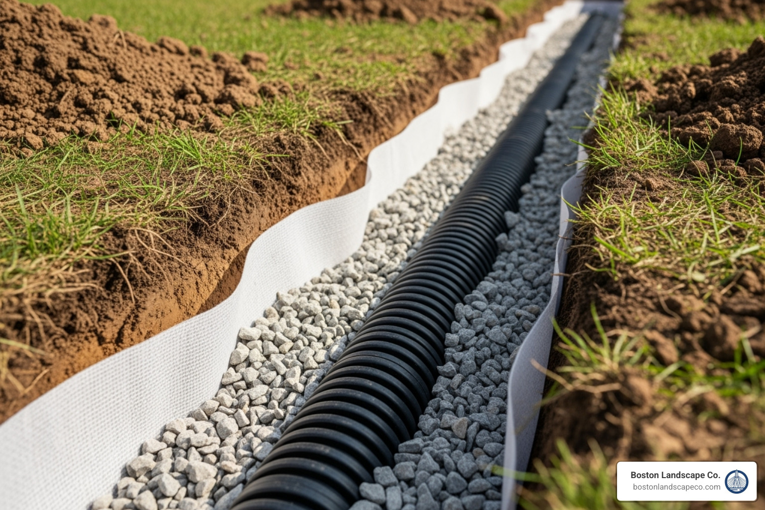 image of a French drain installation showing the perforated pipe and gravel - Hardscape drainage solutions image of a French drain installation showing the perforated pipe and gravel - Hardscape drainage solutions