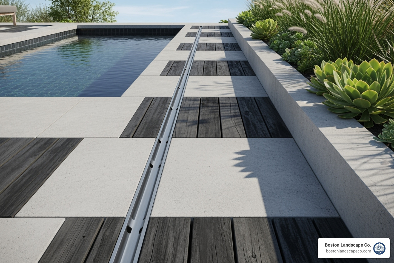 image of a sleek slot drain integrated into a modern patio design - Hardscape drainage solutions image of a sleek slot drain integrated into a modern patio design - Hardscape drainage solutions