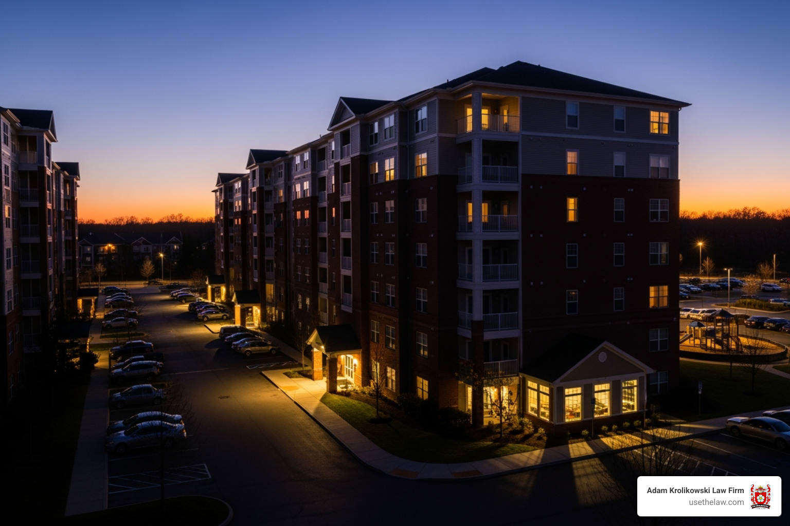 An exterior shot of an apartment complex at dusk, with some lights on but many areas still dark, highlighting potential security vulnerabilities. - negligent security lawyer An exterior shot of an apartment complex at dusk, with some lights on but many areas still dark, highlighting potential security vulnerabilities. - negligent security lawyer