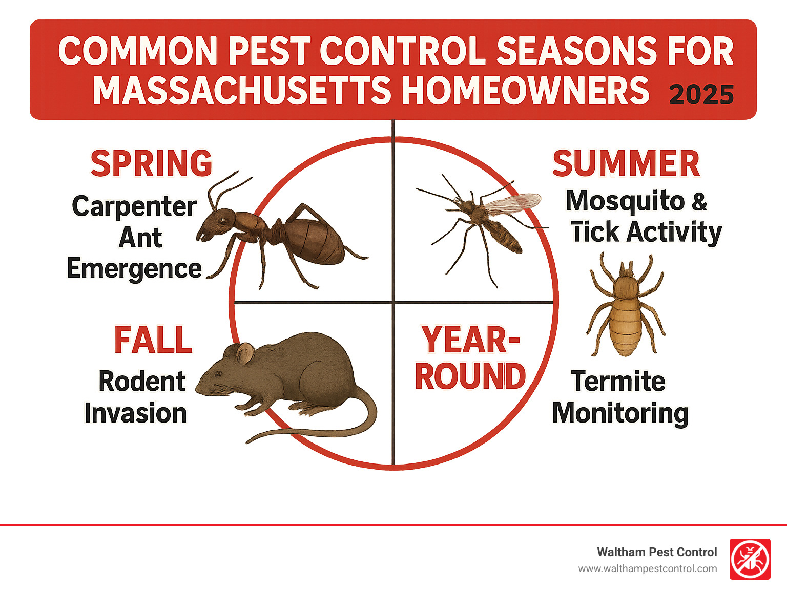 Common pest control seasons and treatment schedules for Massachusetts homeowners showing spring carpenter ant emergence, summer mosquito and tick activity, fall rodent invasion patterns, and year-round termite monitoring requirements - exterminators in dracut ma infographic 
