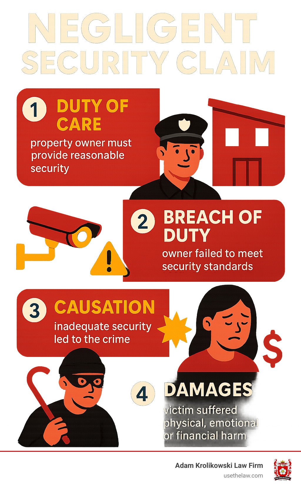 Infographic showing the four elements of a negligent security claim: Duty of Care (property owner must provide reasonable security), Breach of Duty (owner failed to meet security standards), Causation (inadequate security led to the crime), and Damages (victim suffered physical, emotional, or financial harm) - negligent security lawyer infographic Infographic showing the four elements of a negligent security claim: Duty of Care (property owner must provide reasonable security), Breach of Duty (owner failed to meet security standards), Causation (inadequate security led to the crime), and Damages (victim suffered physical, emotional, or financial harm) - negligent security lawyer infographic