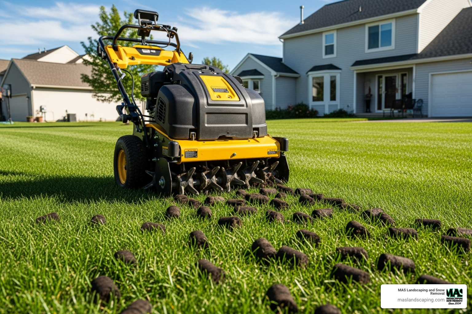 core aerator pulling plugs from a lawn - spring clean up lawn care core aerator pulling plugs from a lawn - spring clean up lawn care