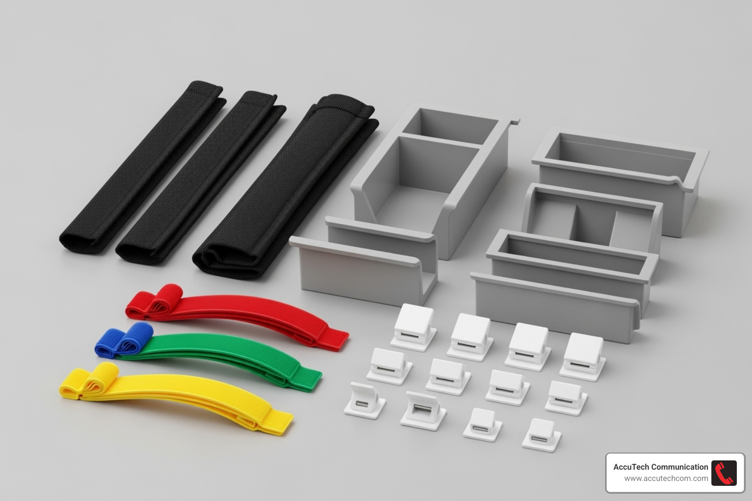 Variety of cable management products like sleeves, trays, and ties - office cable management solutions