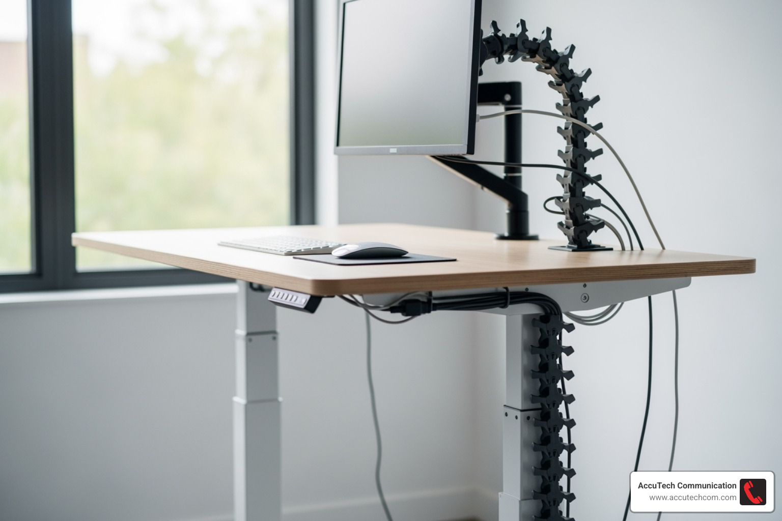 Standing desk with flexible cable spine - office cable management solutions
