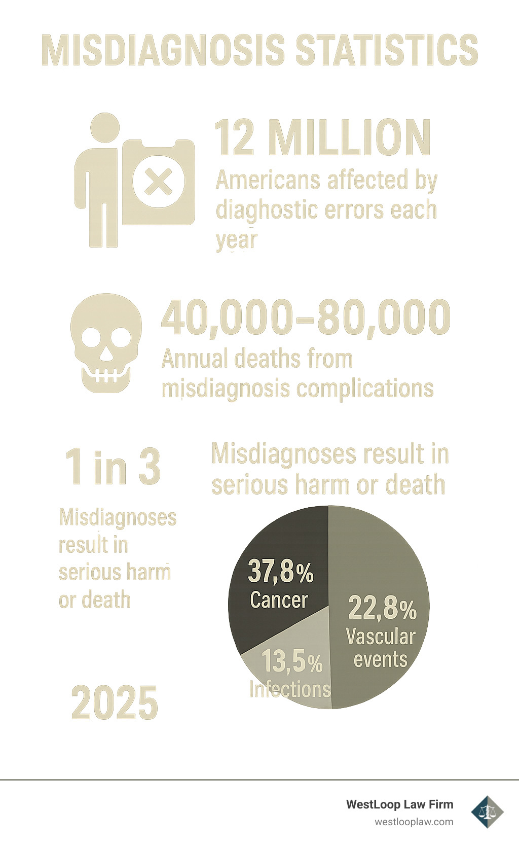 Infographic showing misdiagnosis statistics: 12 million Americans affected yearly by diagnostic errors, 40,000-80,000 annual deaths from misdiagnosis complications, 1 in 3 misdiagnoses leads to serious harm or death, with breakdown showing cancer represents 37.8% of serious misdiagnosis harm, vascular events 22.8%, and infections 13.5% - Wrong diagnosis lawyer Houston infographic 