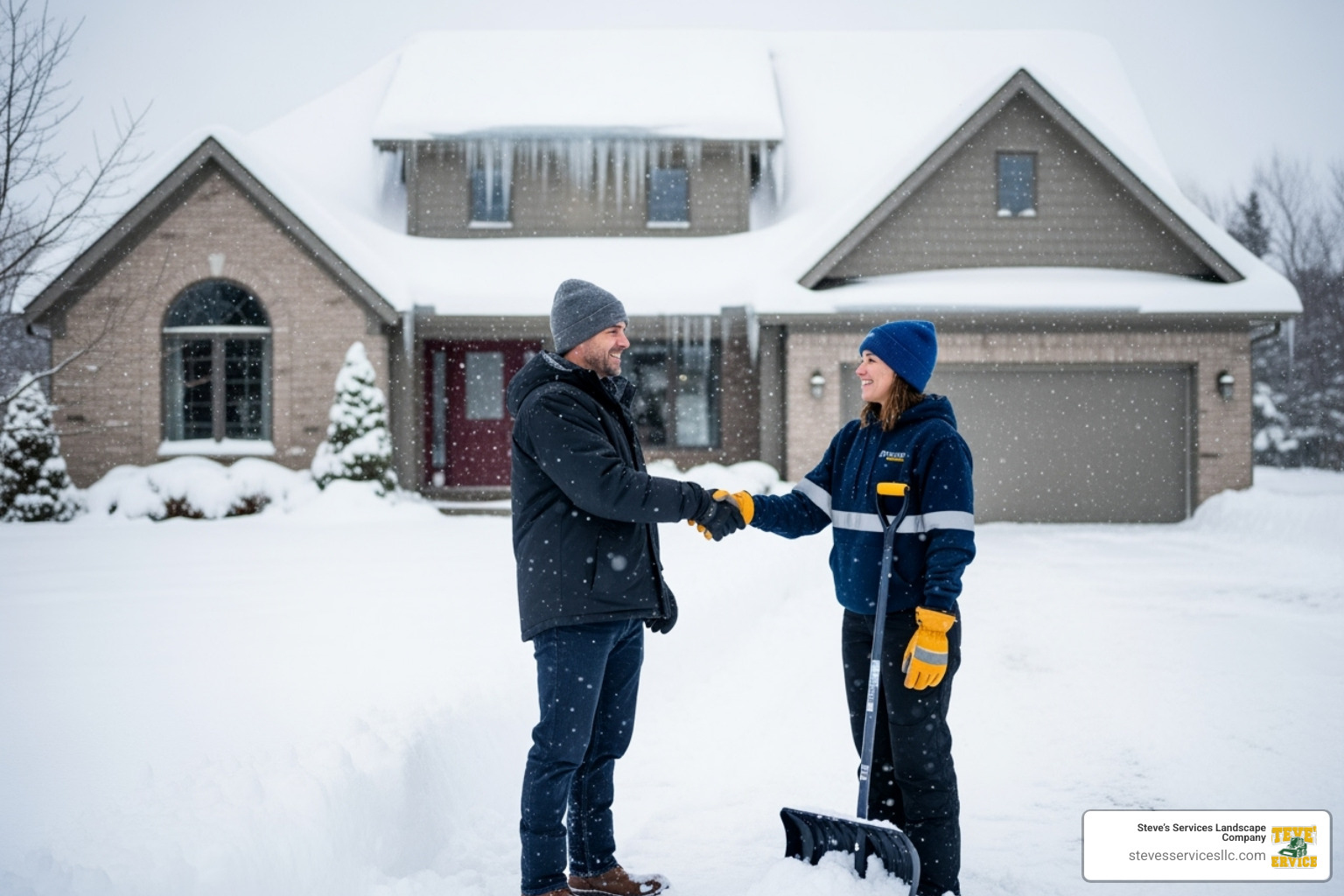 homeowner shaking hands with a uniformed snow removal professional - driveway snow removal near me