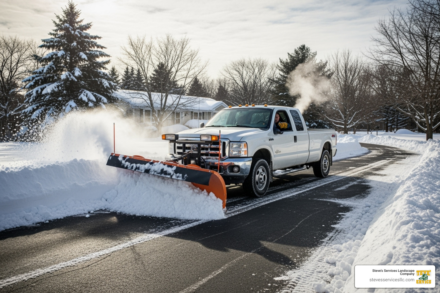 a truck with a plow clearing a residential driveway - driveway snow removal near me