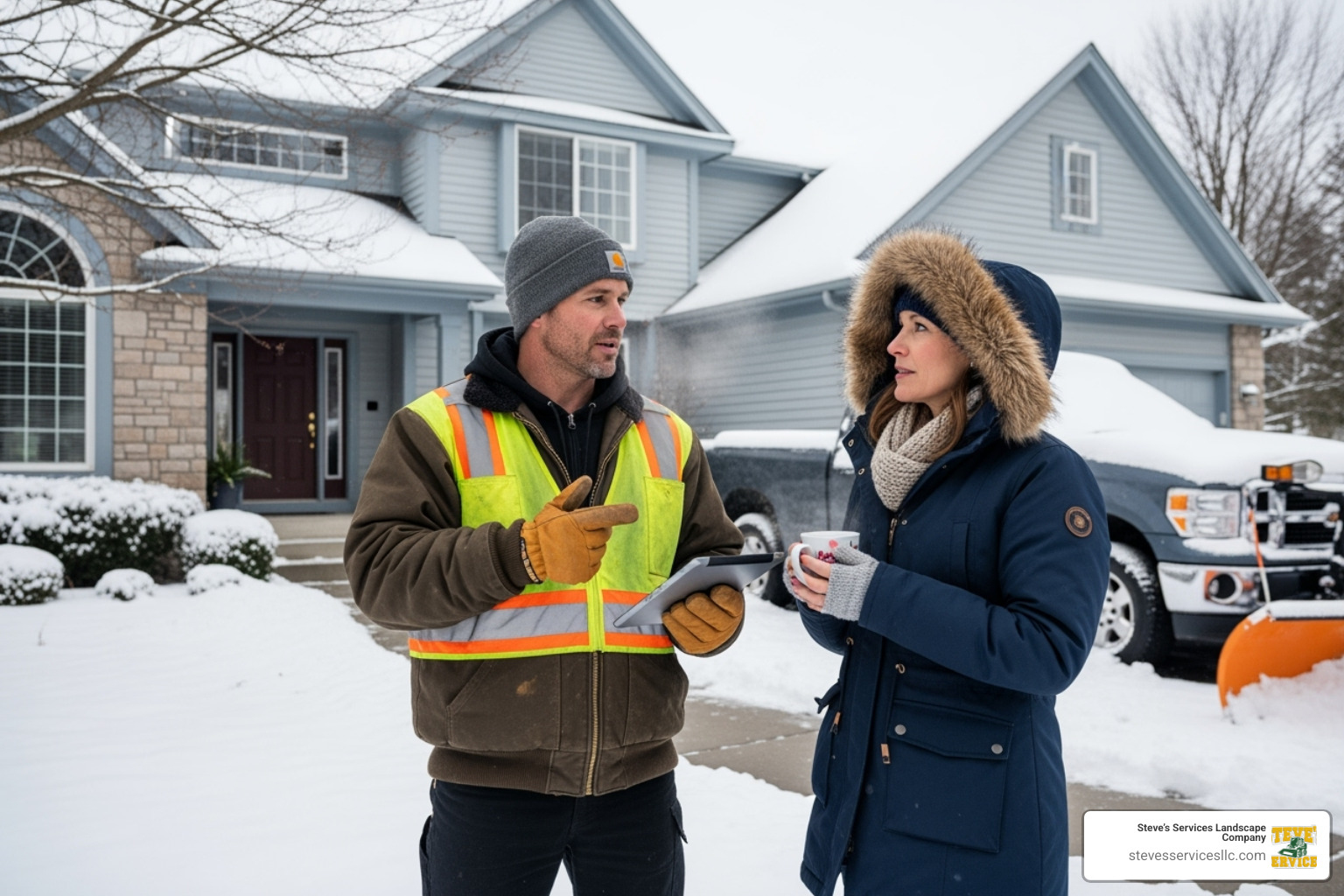 a contractor providing a quote to a homeowner - driveway snow removal near me