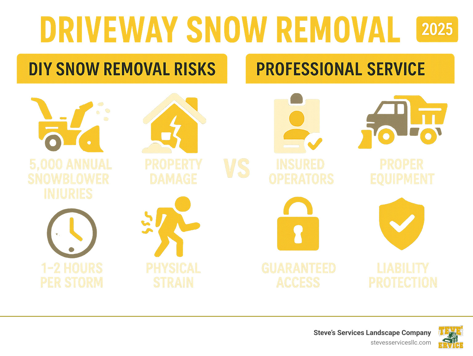 Infographic showing comparison between DIY snow removal risks including 5,000 annual snowblower injuries, potential property damage from improper technique, time investment of 1-2 hours per storm, and physical strain versus professional service benefits including insured operators, proper equipment, guaranteed access, and liability protection - driveway snow removal near me infographic 