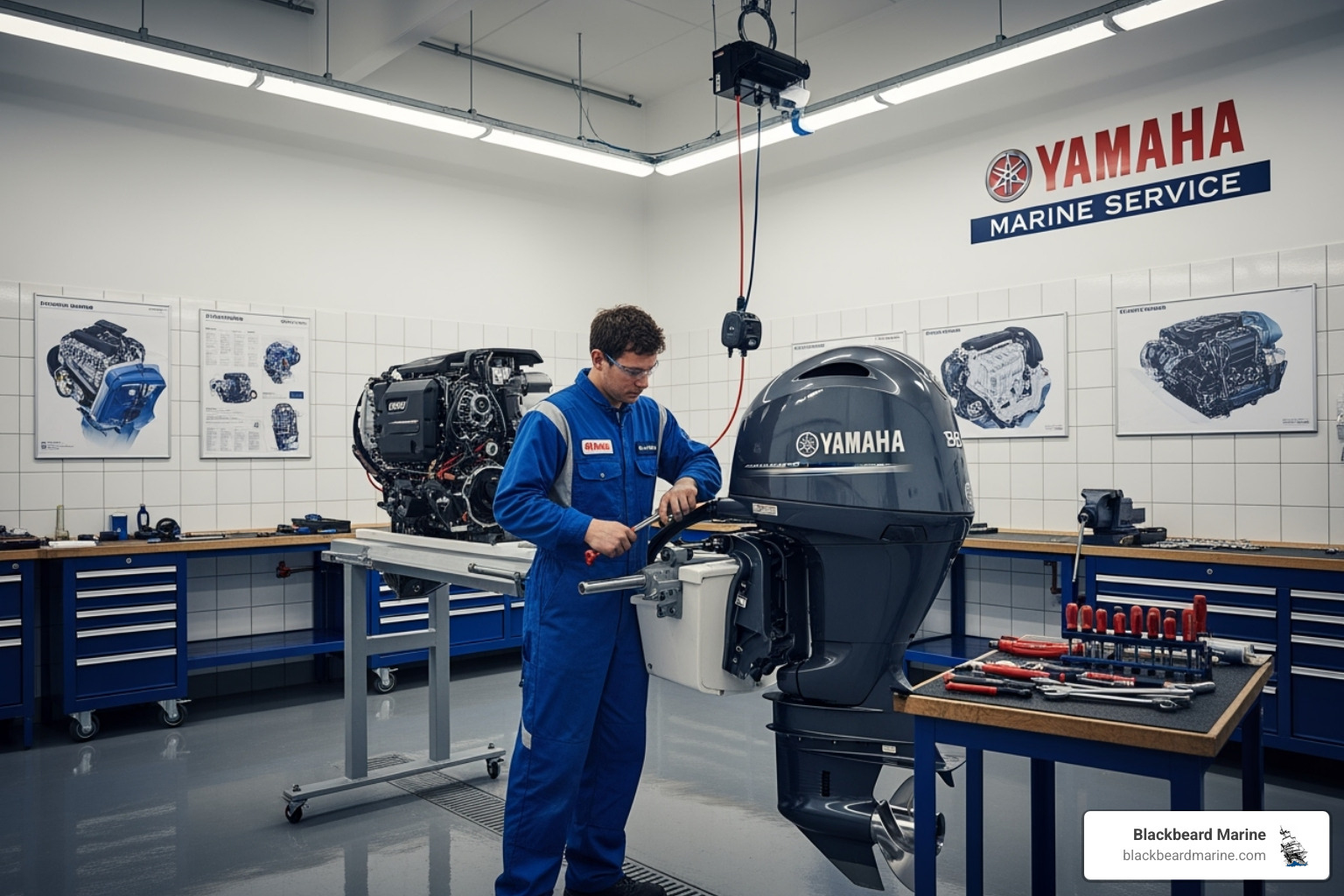 A technician working on a Yamaha engine in a clean service bay, highlighting professional boat maintenance - Yamaha Boats Branson Missouri