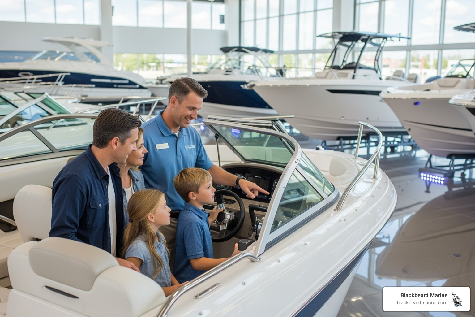 A friendly salesperson talking to a family in a boat showroom, pointing out features of a boat - Yamaha Boats Branson Missouri