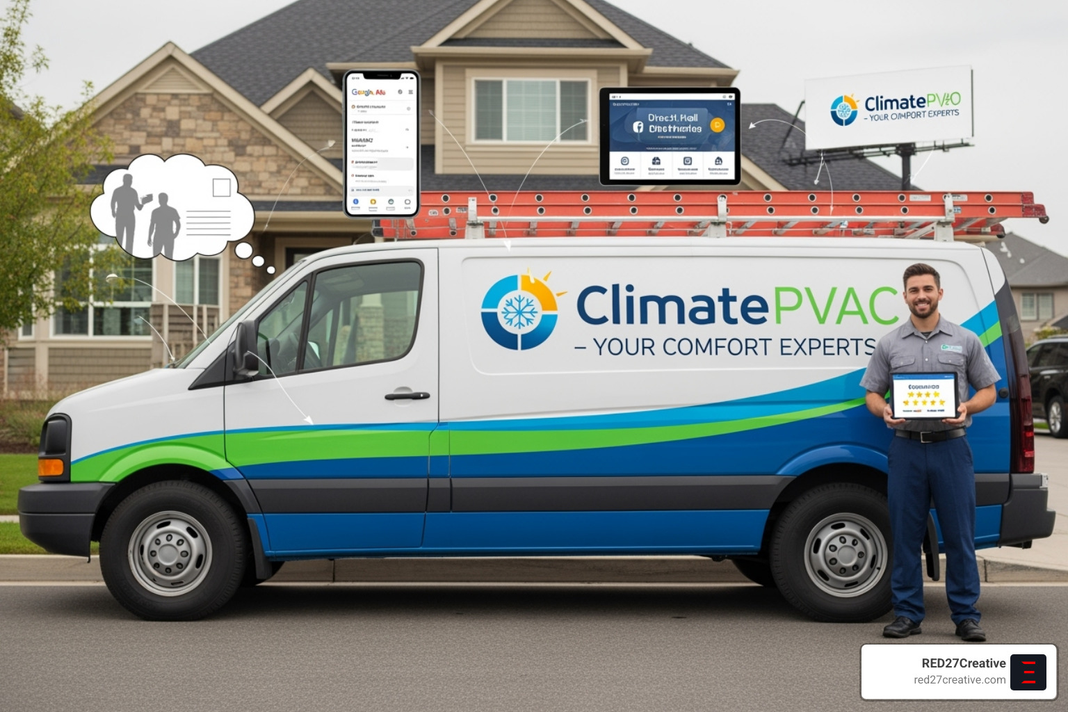Clean, mobile-friendly HVAC website displayed on a phone and desktop - best way to advertise hvac business Clean, mobile-friendly HVAC website displayed on a phone and desktop - best way to advertise hvac business