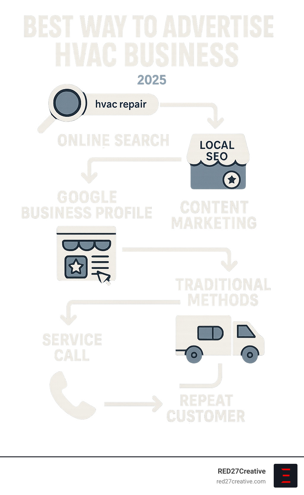 Comprehensive HVAC advertising strategy infographic showing the customer journey from online search through local SEO, Google Business Profile, PPC ads, content marketing, and traditional methods leading to service calls and repeat customers - best way to advertise hvac business infographic Comprehensive HVAC advertising strategy infographic showing the customer journey from online search through local SEO, Google Business Profile, PPC ads, content marketing, and traditional methods leading to service calls and repeat customers - best way to advertise hvac business infographic