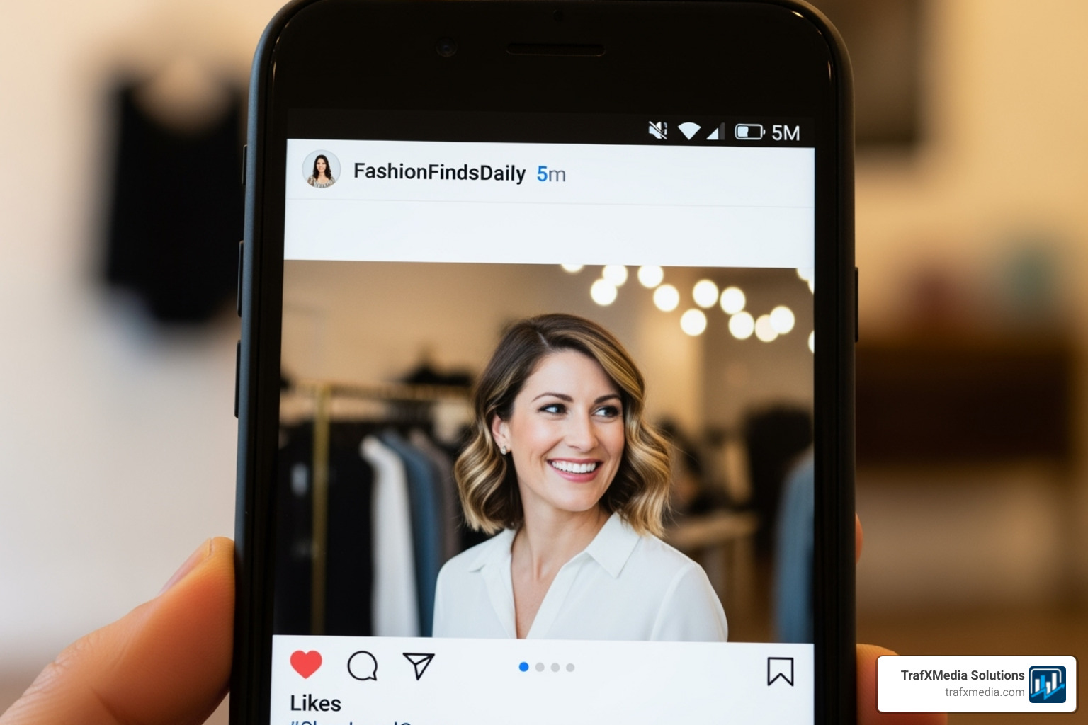 An engaging Instagram post from a local boutique, featuring a customer photo and a local hashtag. The customer is a Caucasian woman. - Local business advertising