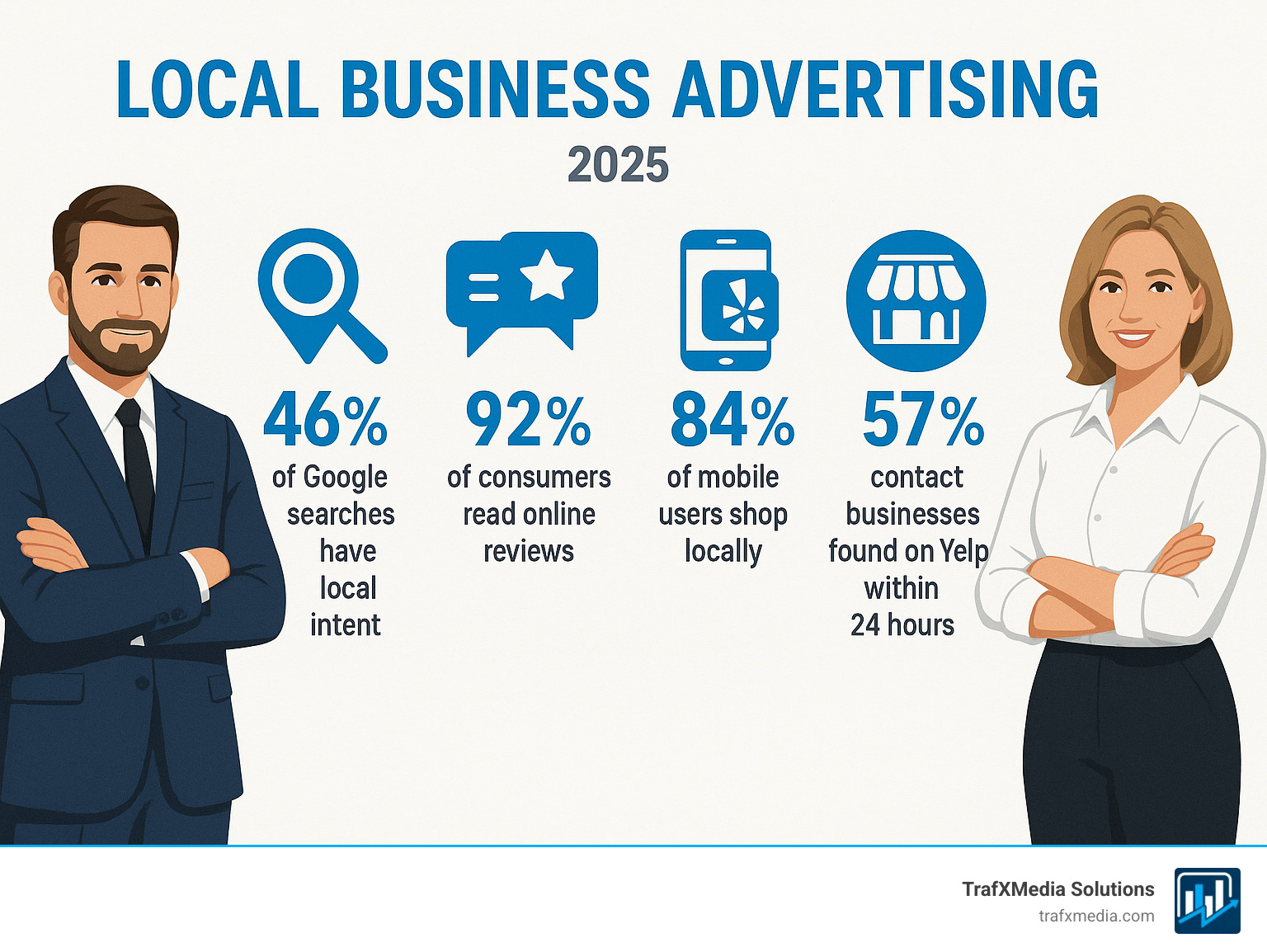 Infographic showing local advertising statistics: 46% of Google searches have local intent, 92% of consumers read online reviews, 84% of mobile users shop locally, 57% contact businesses found on Yelp within 24 hours, and 75% visit stores within 24 hours of local searches. Features clean icons and professional Caucasian business owners - Local business advertising infographic 