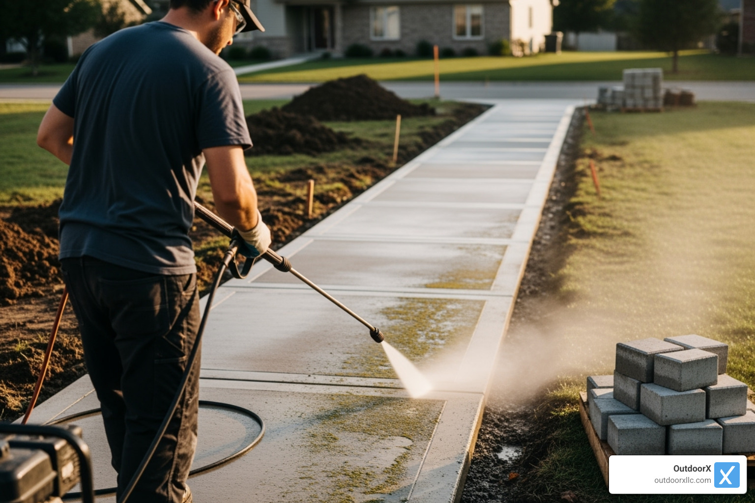 person cleaning and preparing a concrete walkway - pavers over concrete walkway person cleaning and preparing a concrete walkway - pavers over concrete walkway
