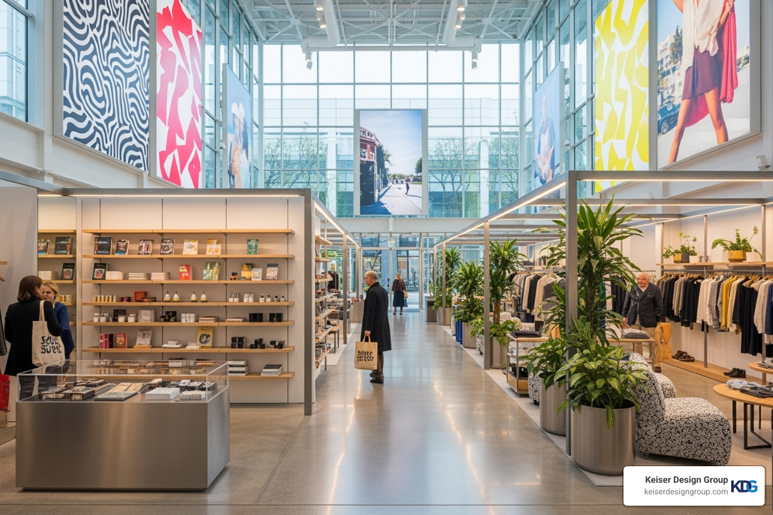 A vibrant, modern retail space interior with natural light and inviting displays - commercial design build
