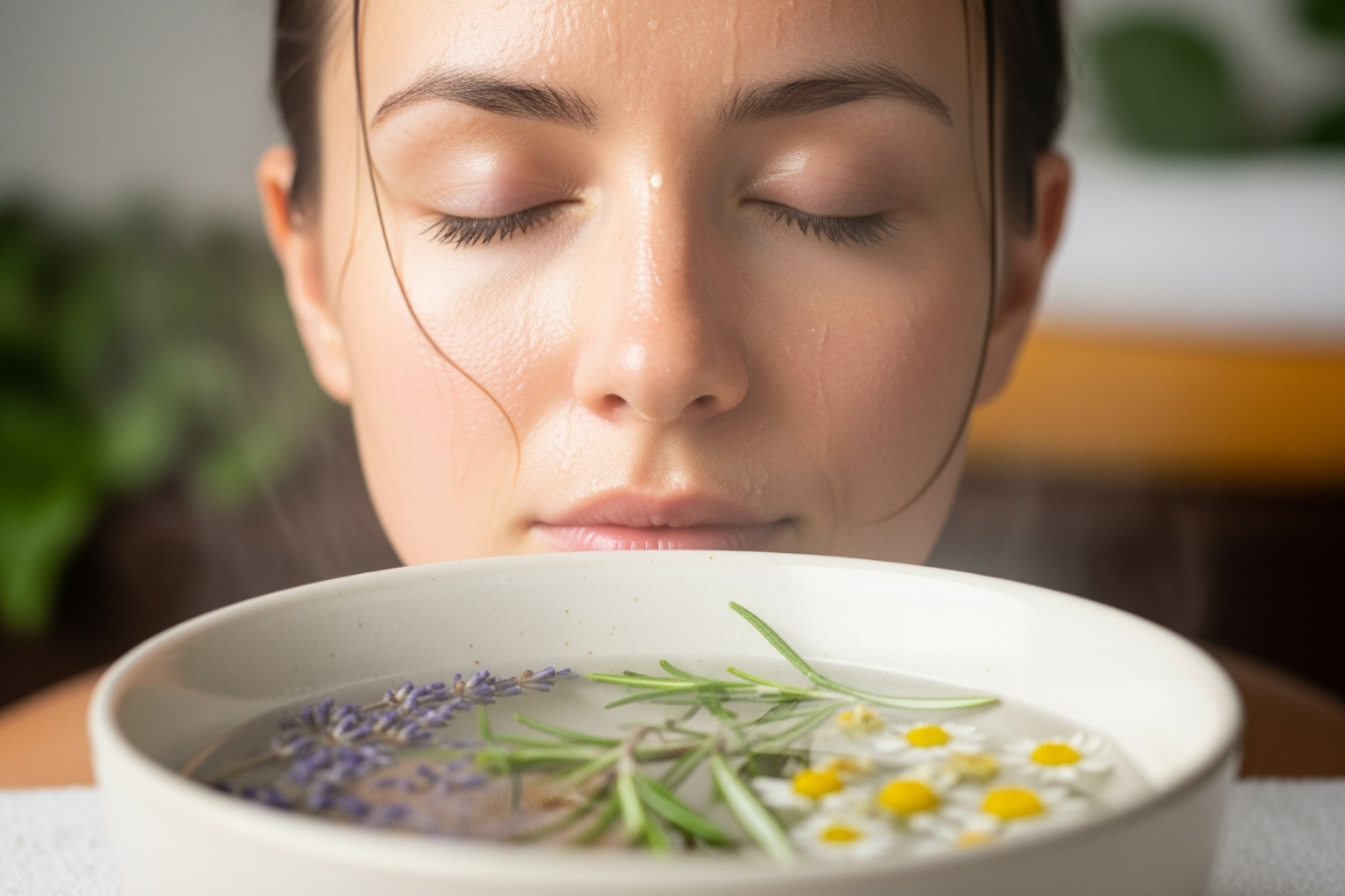 A person enjoying a facial steam with herbs in a bowl, eyes closed in relaxation - Herbal teas for beauty