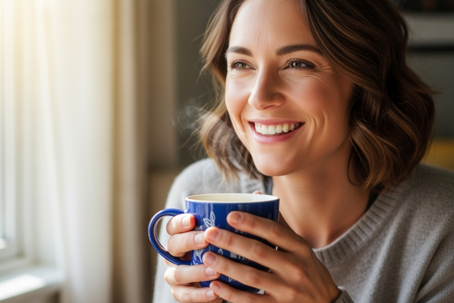 person smiling and holding a mug of tea, looking radiant - Herbal teas for beauty