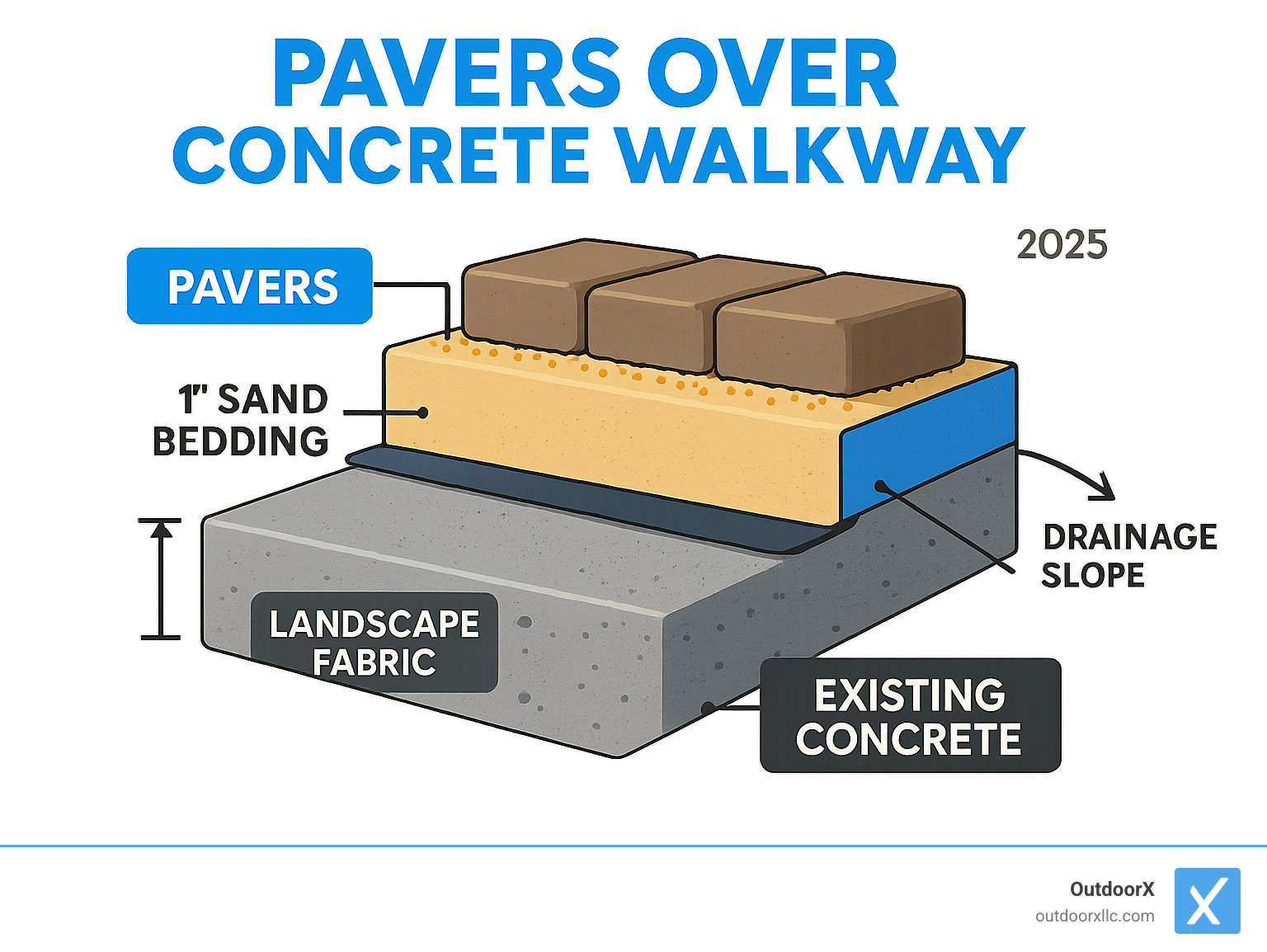 Detailed cross-section infographic showing layers of a paver overlay installation: existing concrete base at bottom, landscape fabric layer, 1-inch sand bedding layer, pavers on top, and polymeric sand filling the joints between pavers, with measurements and drainage slope indicators - pavers over concrete walkway infographic Detailed cross-section infographic showing layers of a paver overlay installation: existing concrete base at bottom, landscape fabric layer, 1-inch sand bedding layer, pavers on top, and polymeric sand filling the joints between pavers, with measurements and drainage slope indicators - pavers over concrete walkway infographic