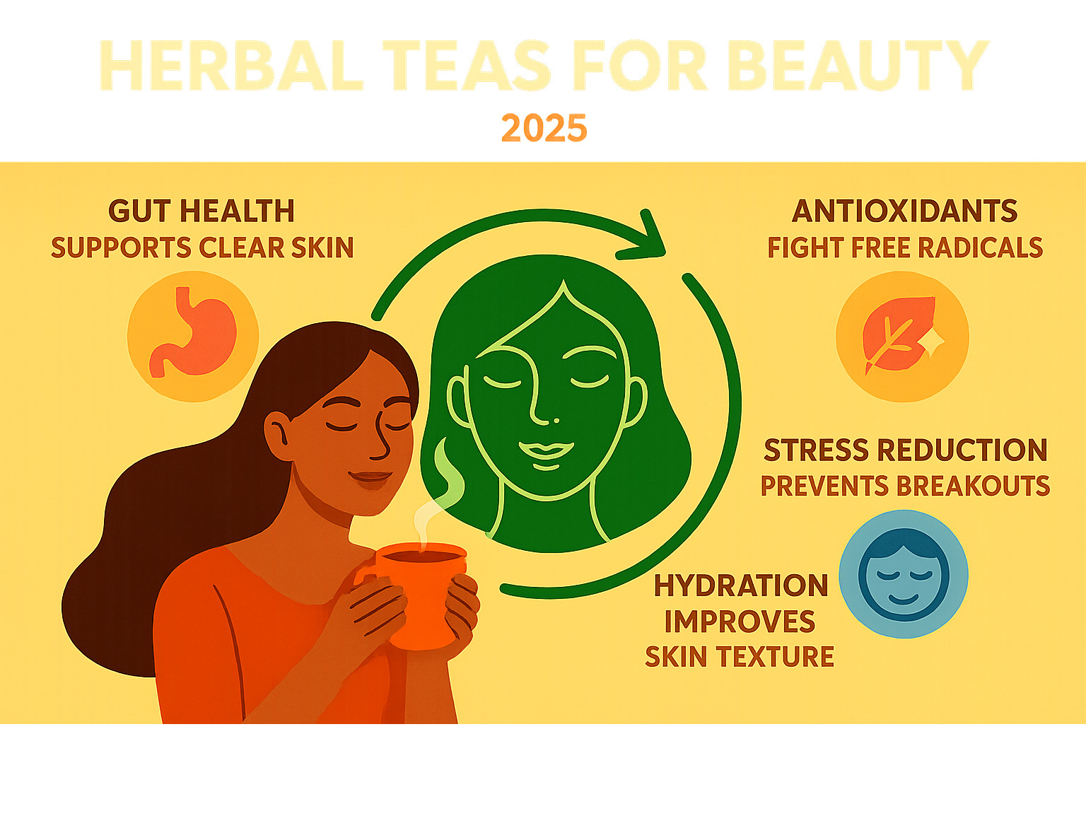 Infographic showing the connection between drinking herbal teas and skin benefits, including gut health supporting clear skin, antioxidants fighting free radicals, hydration improving skin texture, and stress reduction preventing breakouts - Herbal teas for beauty infographic 