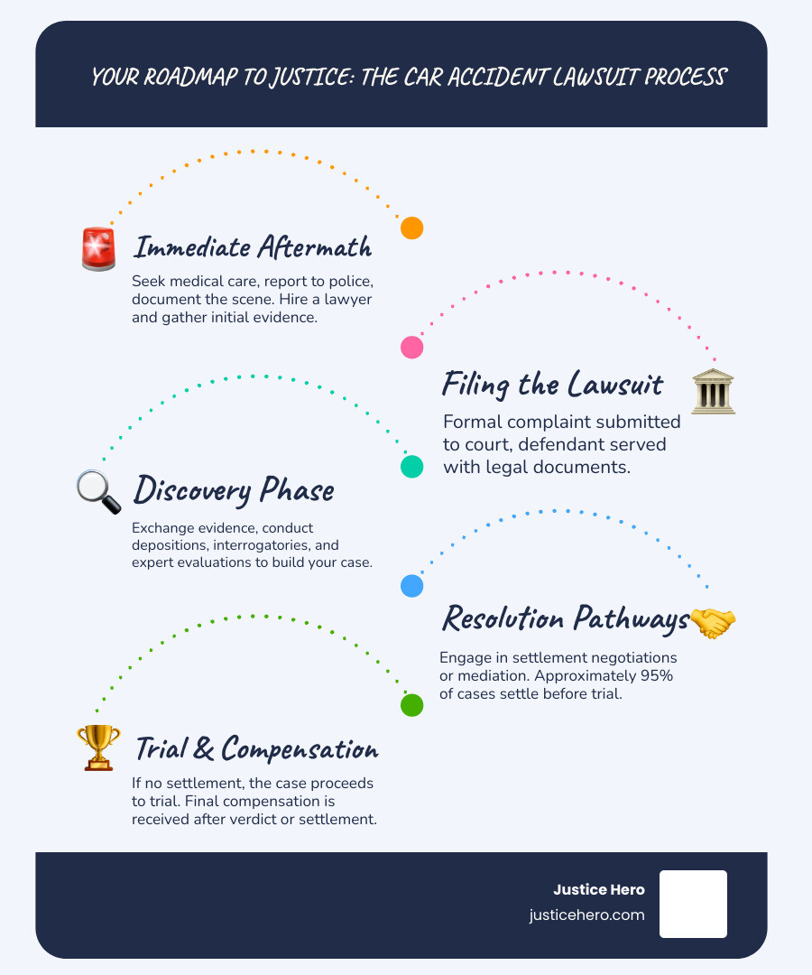 Detailed infographic showing the complete car accident lawsuit process timeline from accident scene through final compensation, including key milestones like filing deadlines, findy phases, settlement negotiations, and potential trial proceedings with approximate timeframes for each stage - car accident lawsuit process infographic infographic-line-5-steps-blues-accent_colors