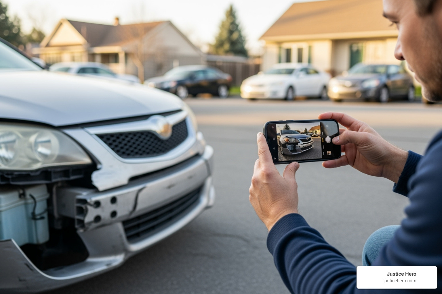 person taking photos of car damage with a smartphone - car accident lawsuit process