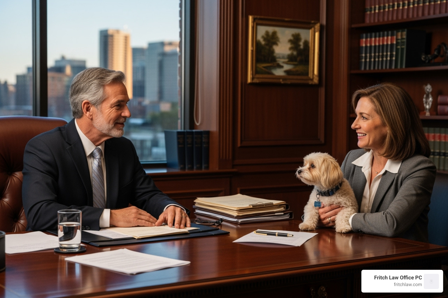 experienced lawyer consulting with a client who is holding a small dog - lawyer for a pet trust