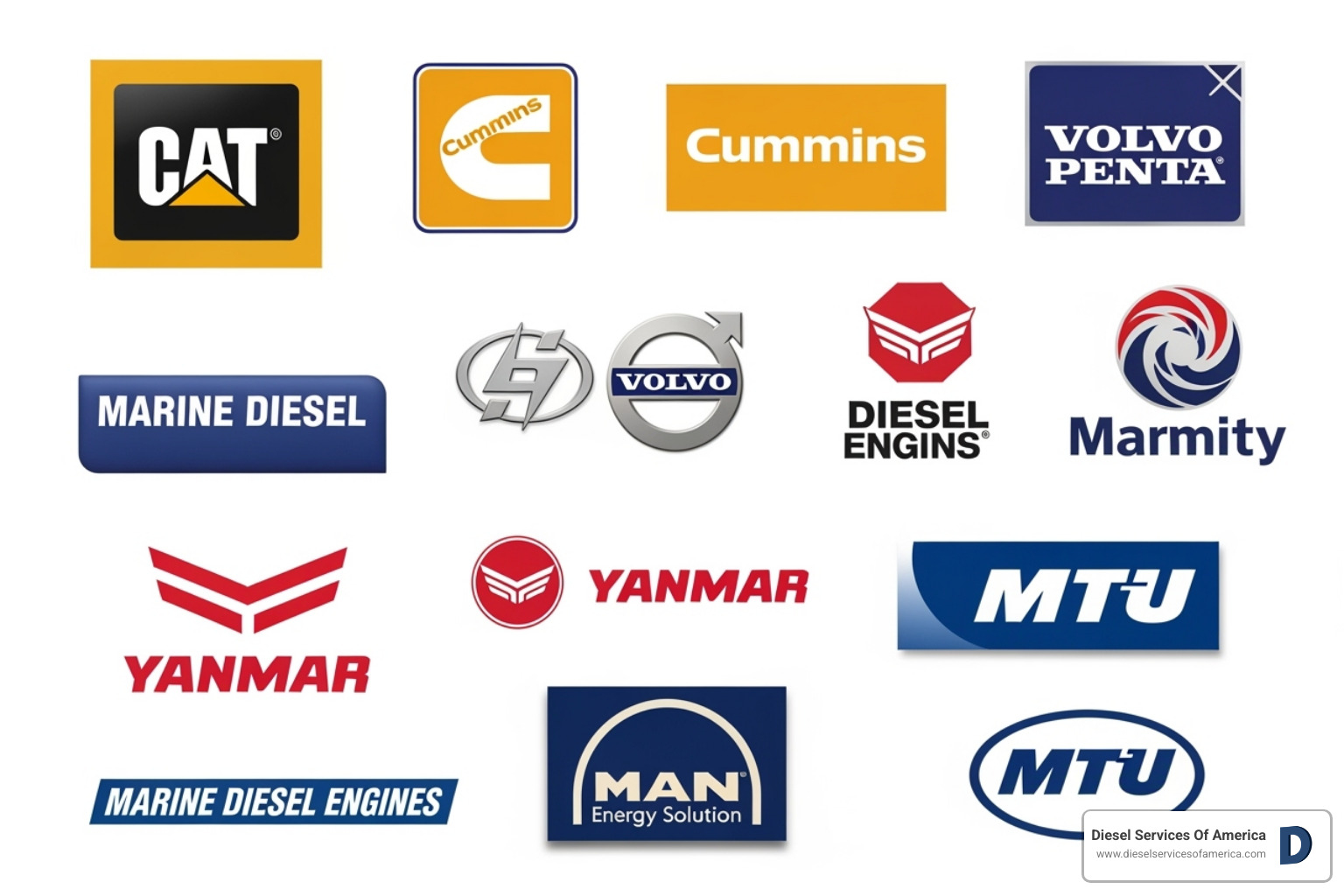 Various marine engine brand logos like MAN, Volvo Penta, and John Deere - Diesel engine service South Florida