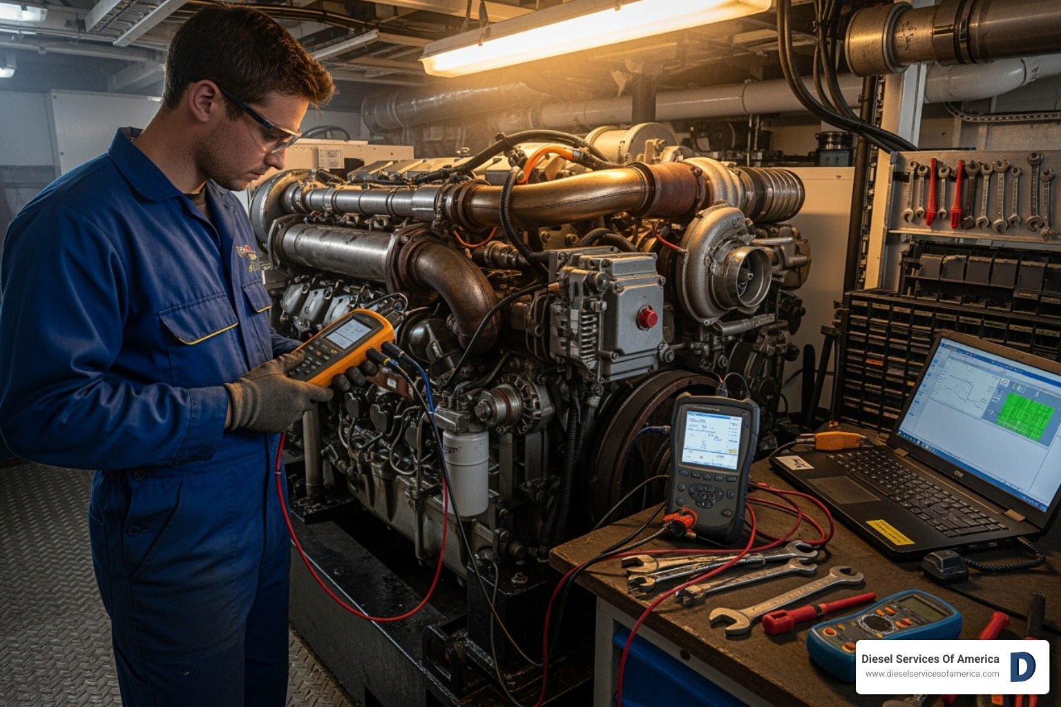 Certified technician performing diagnostics on a marine generator - Diesel engine service South Florida