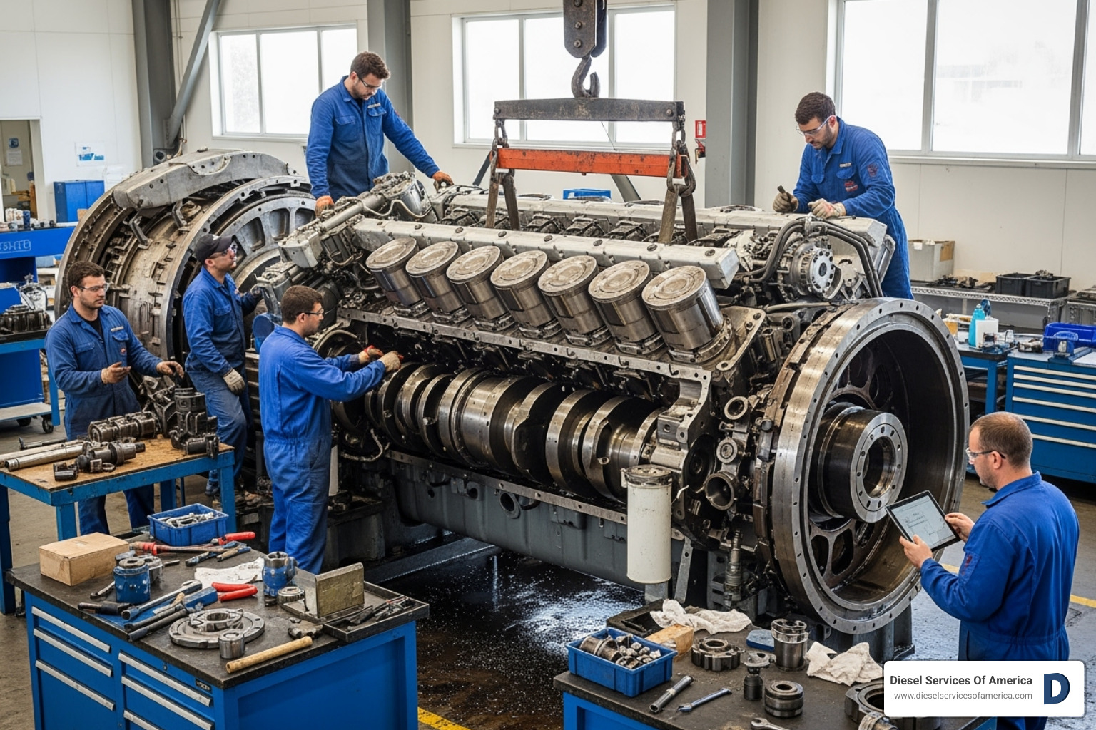 Large marine diesel engine being overhauled in a workshop - Diesel engine service South Florida